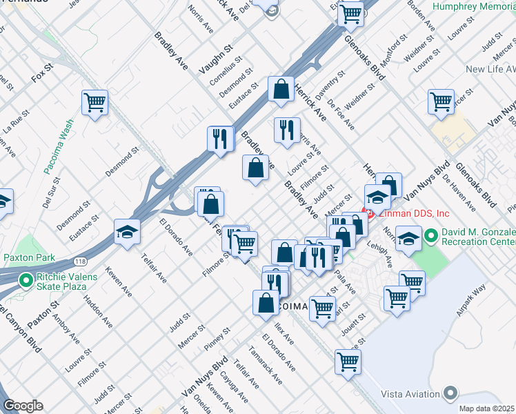 map of restaurants, bars, coffee shops, grocery stores, and more near 13333 Filmore Street in Los Angeles