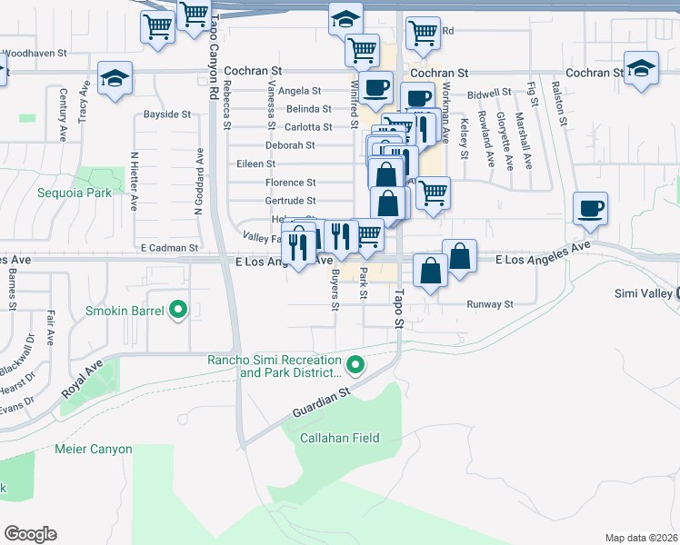 map of restaurants, bars, coffee shops, grocery stores, and more near 4272 Shopping Lane in Simi Valley