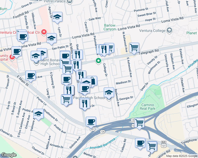 map of restaurants, bars, coffee shops, grocery stores, and more near 234 Wesley Avenue in Ventura