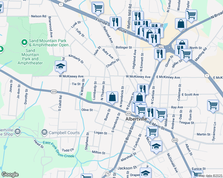 map of restaurants, bars, coffee shops, grocery stores, and more near 114 Rose Road in Albertville