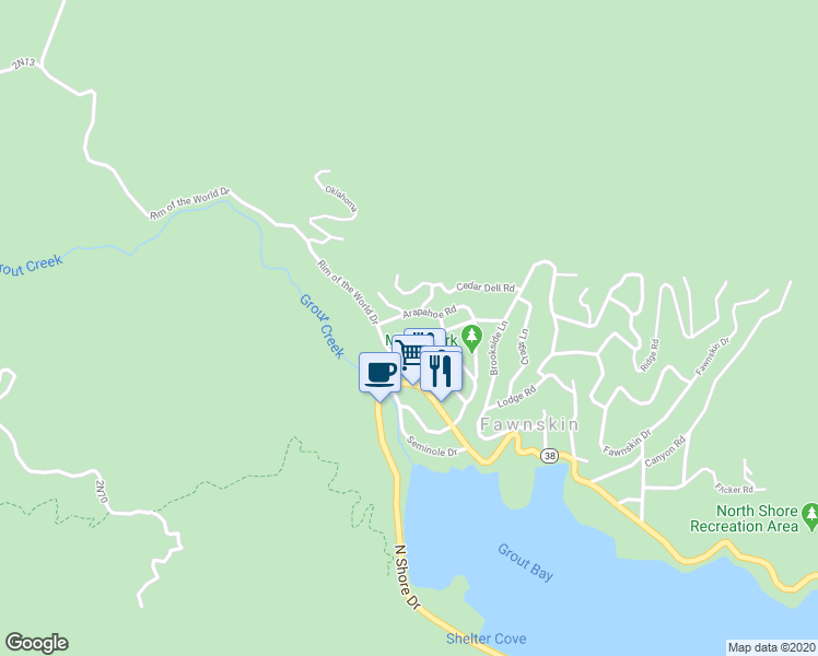 map of restaurants, bars, coffee shops, grocery stores, and more near 39178 Sioux Drive in Fawnskin