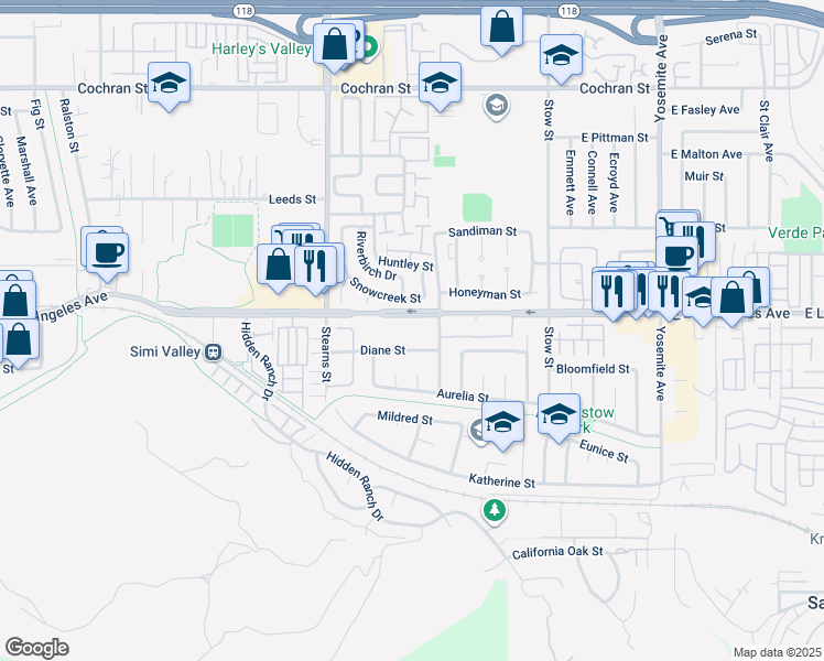map of restaurants, bars, coffee shops, grocery stores, and more near 5300 East Los Angeles Avenue in Simi Valley