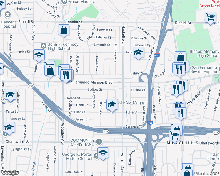 map of restaurants, bars, coffee shops, grocery stores, and more near 15851 Ludlow Street in Los Angeles