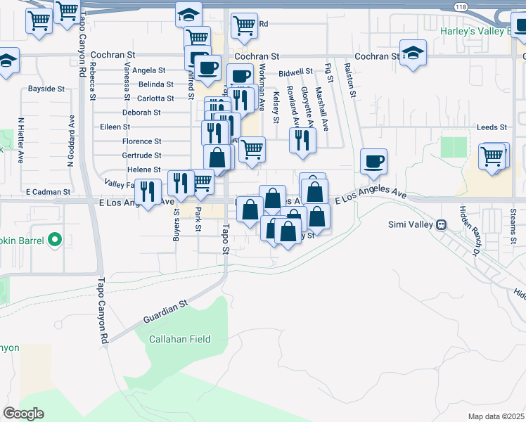 map of restaurants, bars, coffee shops, grocery stores, and more near 1825 Lucky Lane in Simi Valley