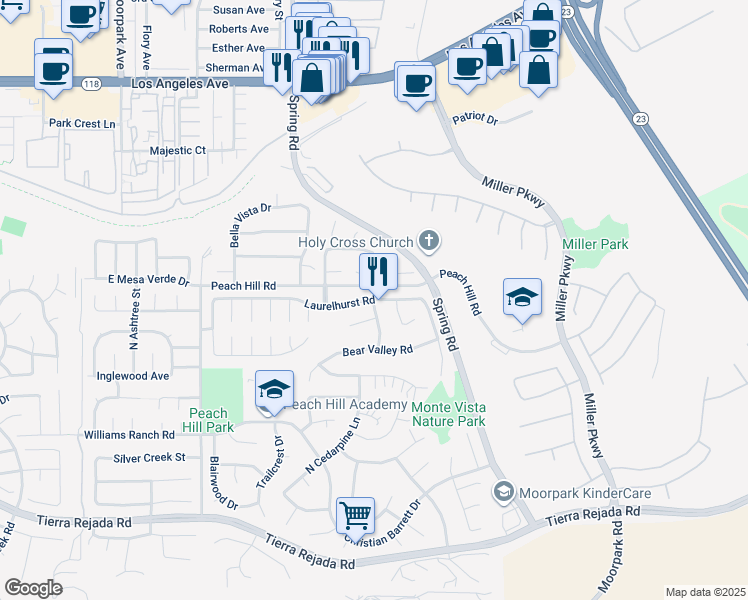 map of restaurants, bars, coffee shops, grocery stores, and more near Mill Valley Road in Moorpark