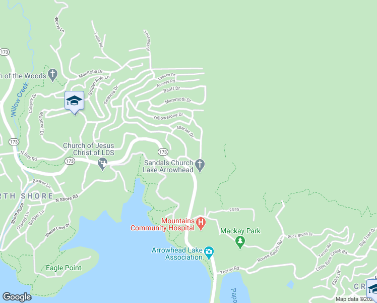 map of restaurants, bars, coffee shops, grocery stores, and more near 1191 Yosemite Drive in Lake Arrowhead