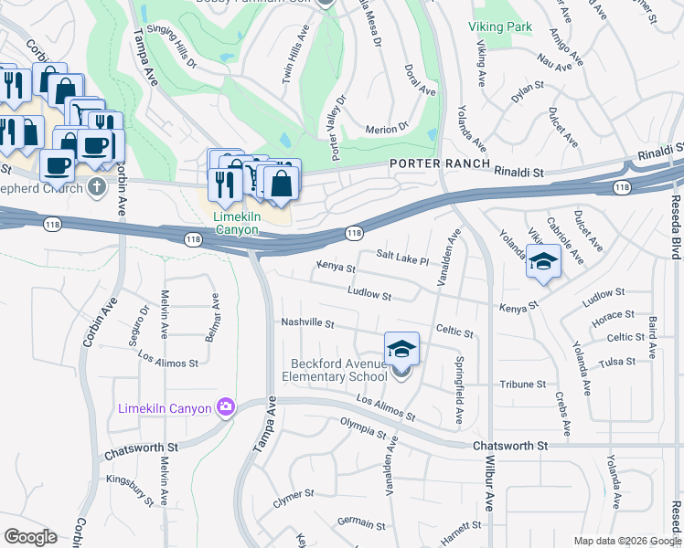 map of restaurants, bars, coffee shops, grocery stores, and more near 19222 Kenya Street in Los Angeles