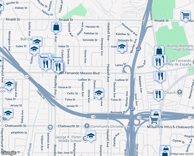 map of restaurants, bars, coffee shops, grocery stores, and more near 15851 Ludlow Street in Los Angeles