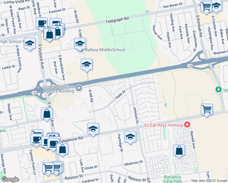 map of restaurants, bars, coffee shops, grocery stores, and more near 6671 Sargent Lane in Ventura