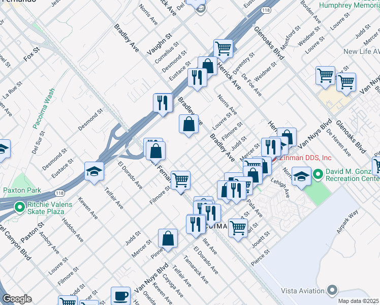 map of restaurants, bars, coffee shops, grocery stores, and more near 13333 Filmore Street in Los Angeles