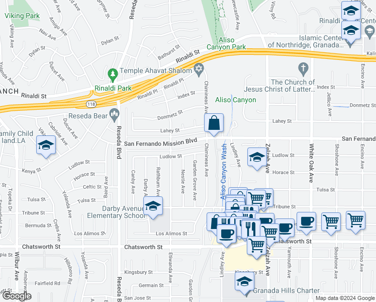 map of restaurants, bars, coffee shops, grocery stores, and more near 18219 Ludlow Street in Los Angeles