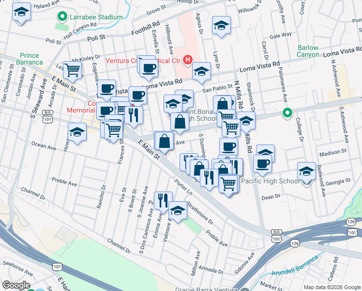 map of restaurants, bars, coffee shops, grocery stores, and more near 3146 Doreen Way in Ventura