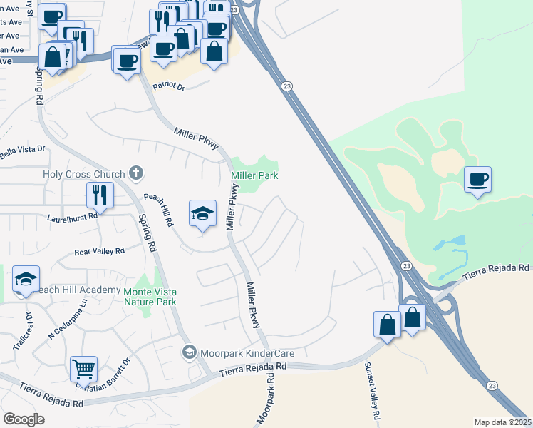 map of restaurants, bars, coffee shops, grocery stores, and more near 14382 Peach Hill Road in Moorpark