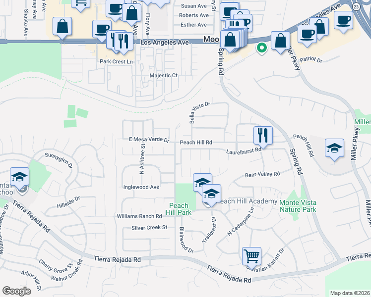 map of restaurants, bars, coffee shops, grocery stores, and more near 13261 Laurelhurst Road in Moorpark