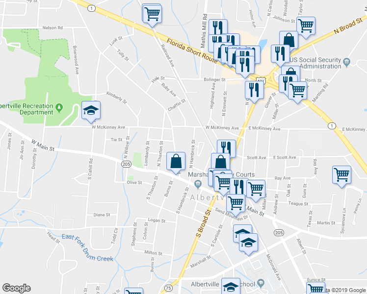 map of restaurants, bars, coffee shops, grocery stores, and more near 210 Rose Road in Albertville