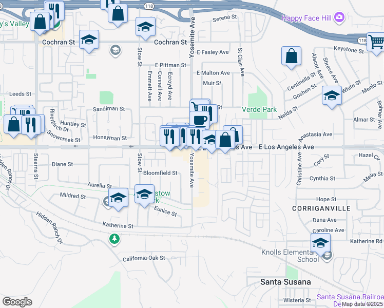 map of restaurants, bars, coffee shops, grocery stores, and more near 5786 East Los Angeles Avenue in Simi Valley