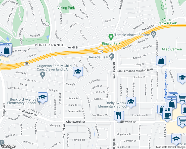 map of restaurants, bars, coffee shops, grocery stores, and more near 18664 Kenya Street in Los Angeles