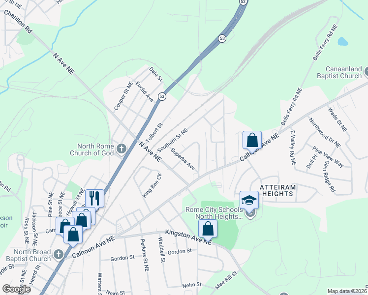map of restaurants, bars, coffee shops, grocery stores, and more near 39 Clervue Circle in Rome