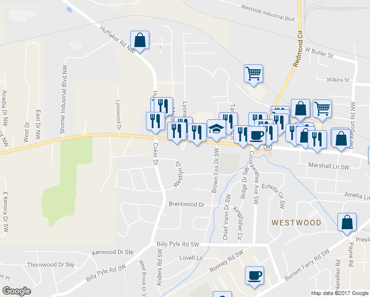 map of restaurants, bars, coffee shops, grocery stores, and more near 2435 Shorter Ave NW in Rome