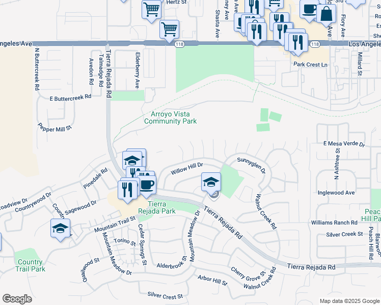 map of restaurants, bars, coffee shops, grocery stores, and more near 4494 Summerglen Court in Moorpark