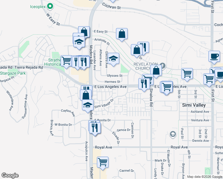 map of restaurants, bars, coffee shops, grocery stores, and more near 215 Red Brick Drive in Simi Valley