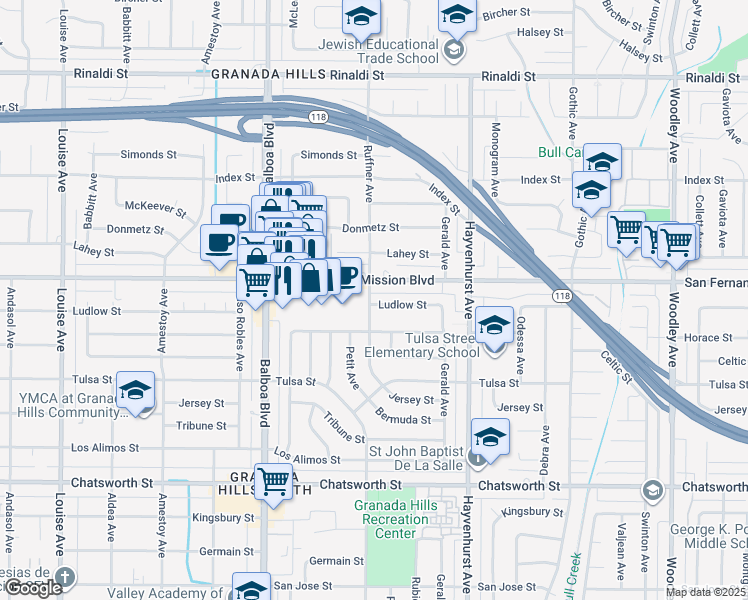 map of restaurants, bars, coffee shops, grocery stores, and more near 16736 San Fernando Mission Boulevard in Los Angeles