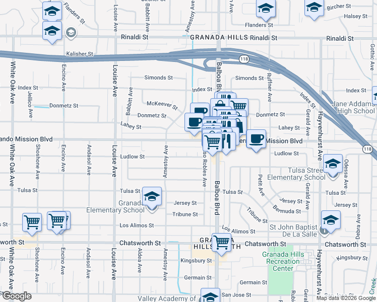 map of restaurants, bars, coffee shops, grocery stores, and more near 17062 San Fernando Mission Boulevard in Los Angeles