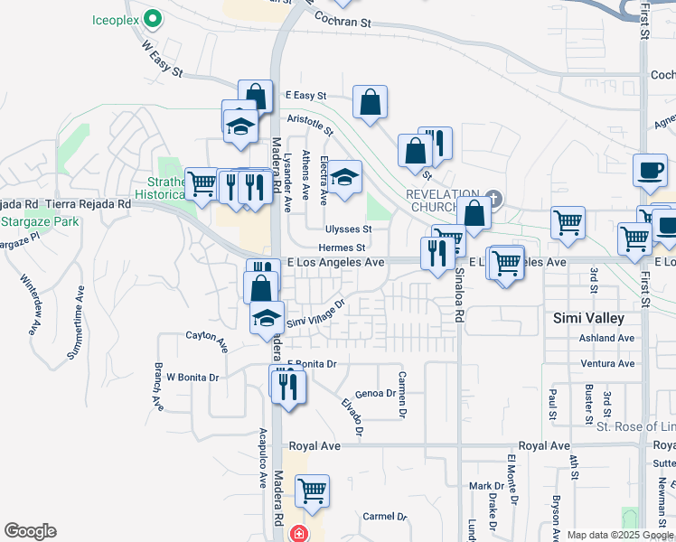 map of restaurants, bars, coffee shops, grocery stores, and more near 204 Hermes Street in Simi Valley