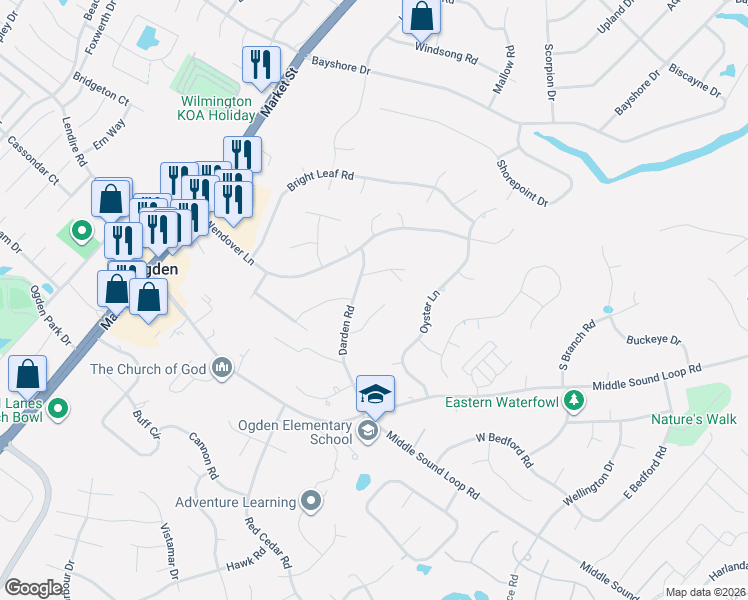 map of restaurants, bars, coffee shops, grocery stores, and more near 7336 Darden Road in Wilmington