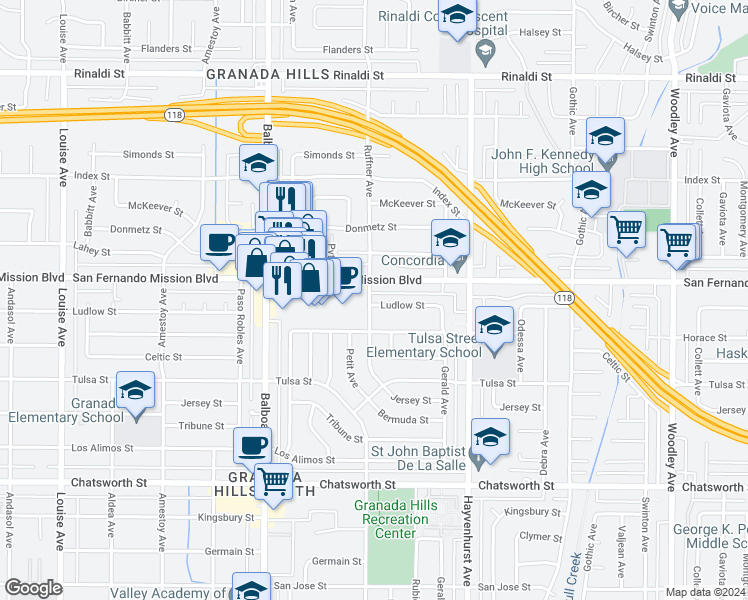 map of restaurants, bars, coffee shops, grocery stores, and more near 16757 Ludlow Street in Los Angeles