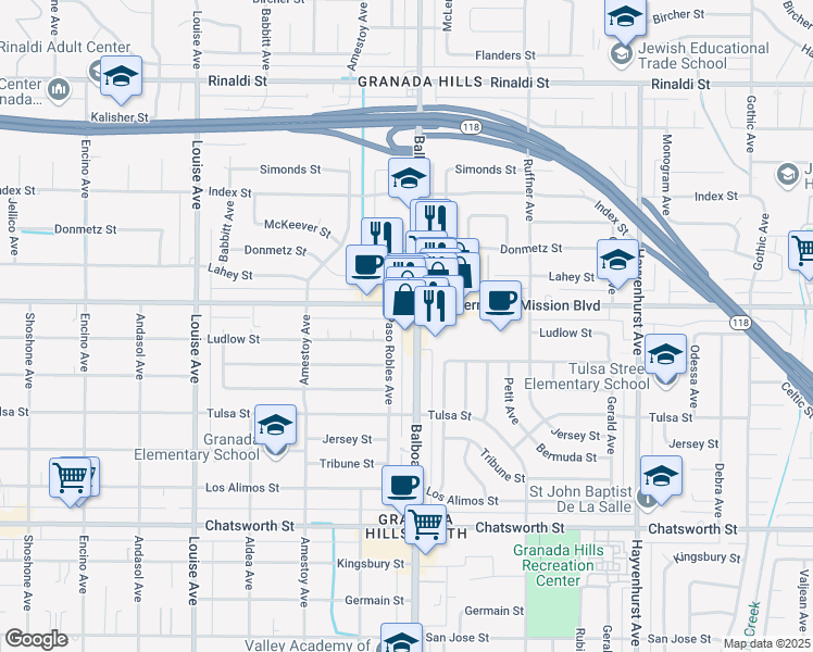 map of restaurants, bars, coffee shops, grocery stores, and more near 11060 Paso Robles Avenue in Los Angeles