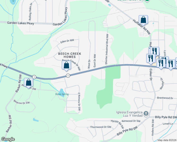 map of restaurants, bars, coffee shops, grocery stores, and more near 2604 Shorter Avenue in Rome