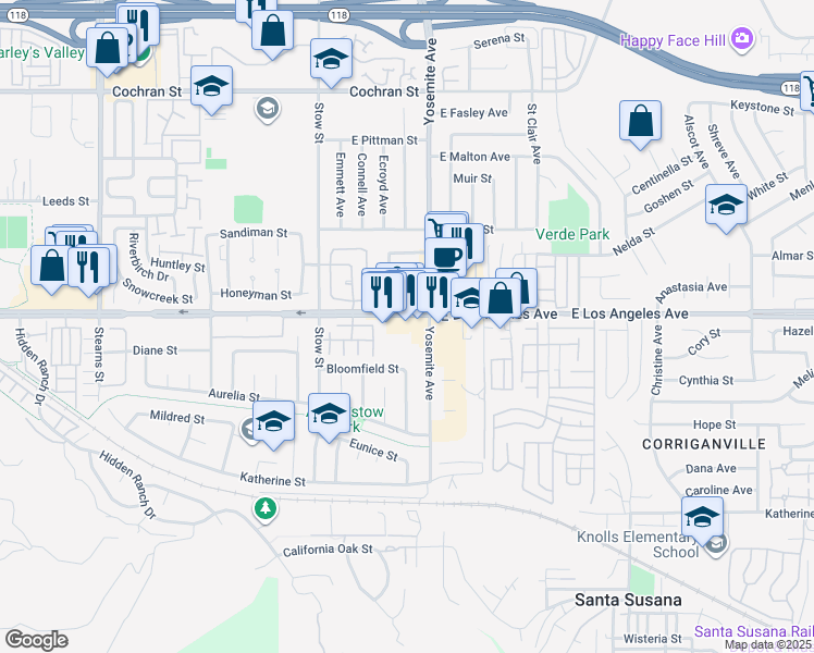 map of restaurants, bars, coffee shops, grocery stores, and more near 5786 East Los Angeles Avenue in Simi Valley