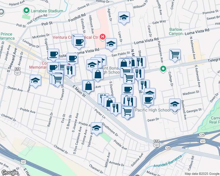 map of restaurants, bars, coffee shops, grocery stores, and more near 109 South Dunning Street in Ventura