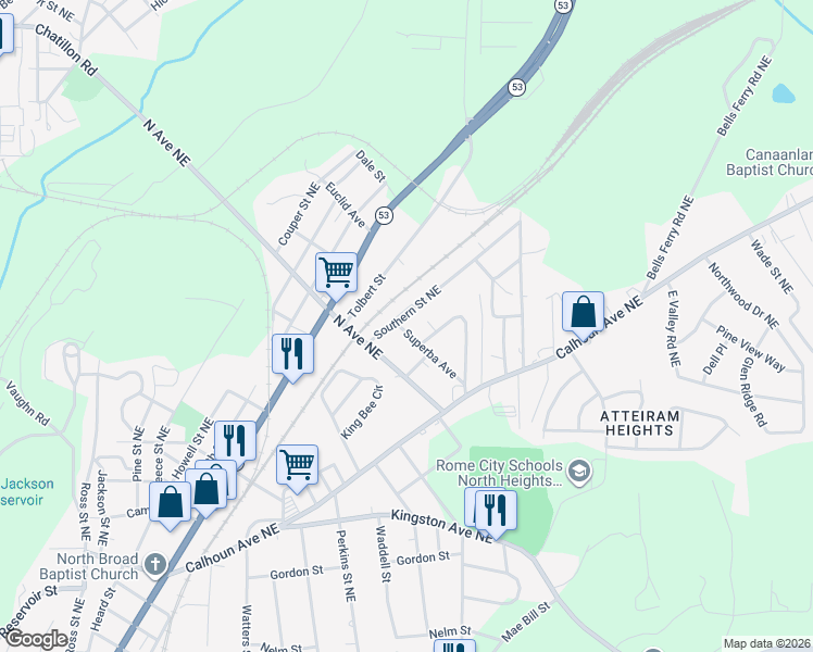 map of restaurants, bars, coffee shops, grocery stores, and more near 2103 Southern Street Northeast in Rome