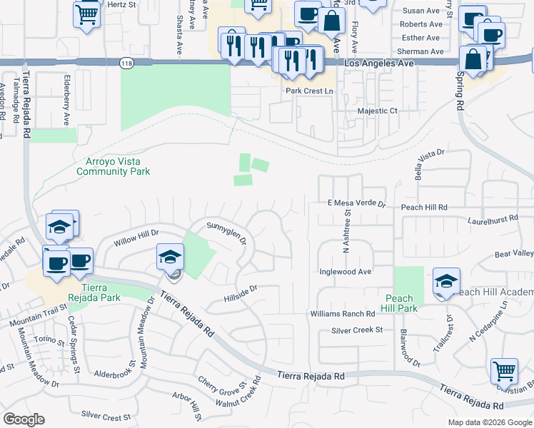 map of restaurants, bars, coffee shops, grocery stores, and more near 12670 Country Meadow Street in Moorpark