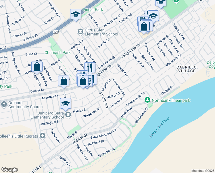 map of restaurants, bars, coffee shops, grocery stores, and more near 9638 Oneida Street in Ventura