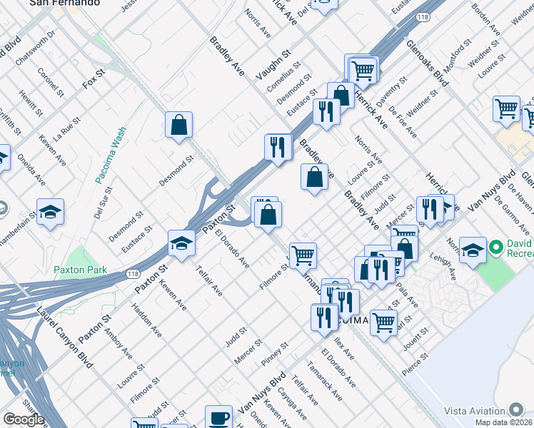 map of restaurants, bars, coffee shops, grocery stores, and more near 13550 Paxton Street in Los Angeles