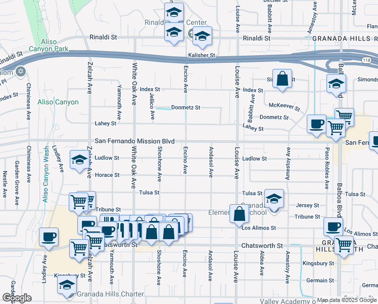 map of restaurants, bars, coffee shops, grocery stores, and more near 11054 Encino Avenue in Los Angeles