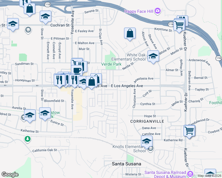 map of restaurants, bars, coffee shops, grocery stores, and more near 1980 Rory Lane in Simi Valley