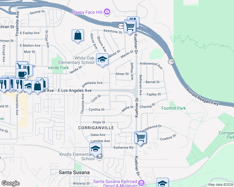 map of restaurants, bars, coffee shops, grocery stores, and more near 2017 Cheam Avenue in Simi Valley