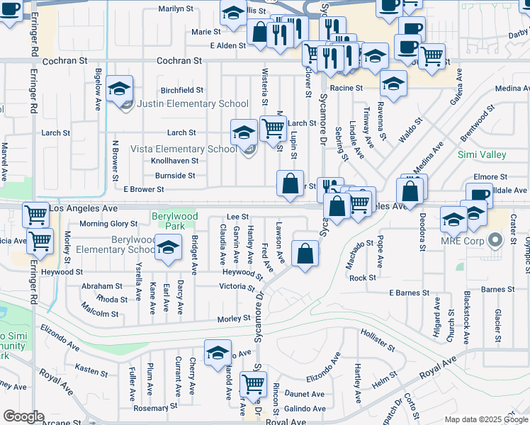 map of restaurants, bars, coffee shops, grocery stores, and more near 2540 East Brower Street in Simi Valley