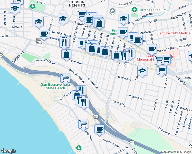 map of restaurants, bars, coffee shops, grocery stores, and more near 475 South Catalina Street in Ventura