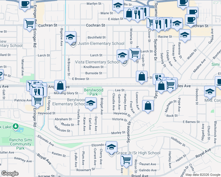 map of restaurants, bars, coffee shops, grocery stores, and more near 2372 East Brower Street in Simi Valley