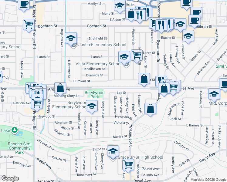 map of restaurants, bars, coffee shops, grocery stores, and more near 2405 Lee Street in Simi Valley