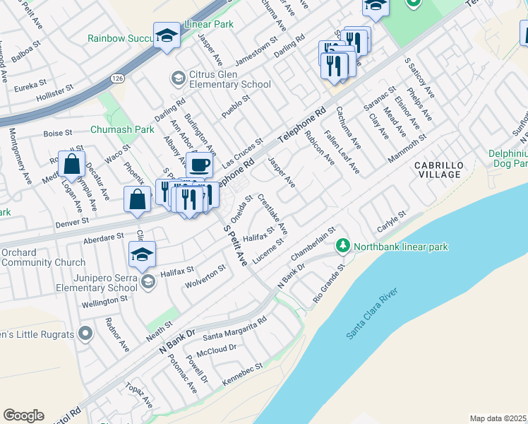 map of restaurants, bars, coffee shops, grocery stores, and more near 1256 Cimarron Avenue in Ventura