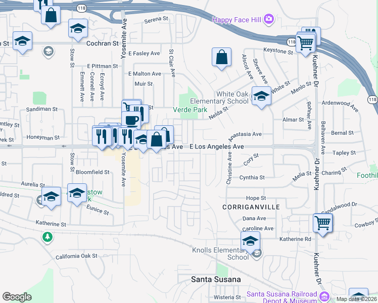 map of restaurants, bars, coffee shops, grocery stores, and more near 1980 Rory Lane in Simi Valley