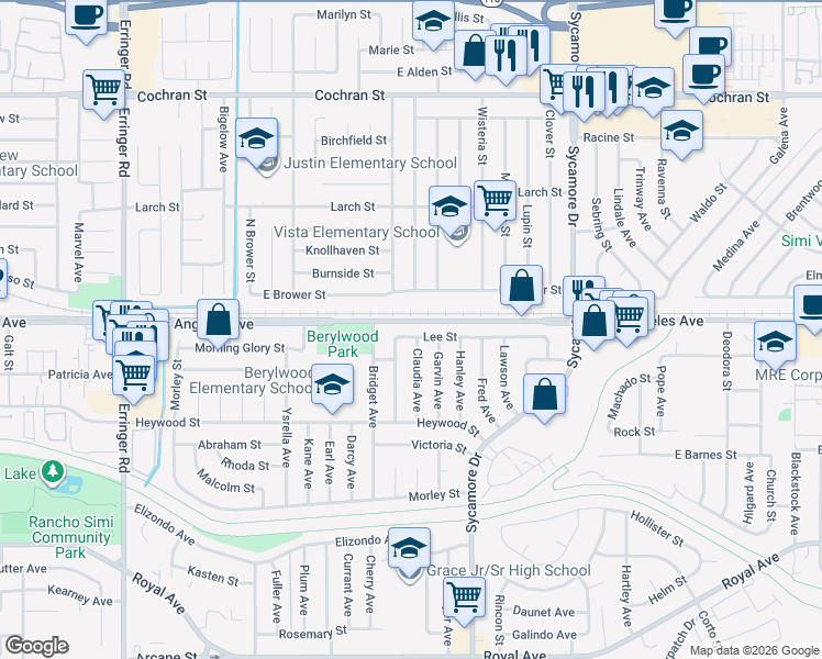 map of restaurants, bars, coffee shops, grocery stores, and more near 2405 Lee Street in Simi Valley