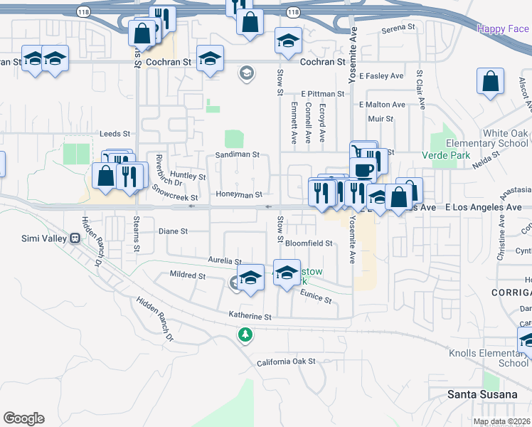 map of restaurants, bars, coffee shops, grocery stores, and more near 5518 East Los Angeles Avenue in Simi Valley