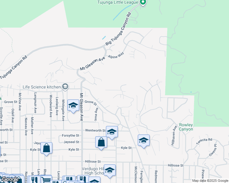map of restaurants, bars, coffee shops, grocery stores, and more near 7628 Airlie Drive in Los Angeles